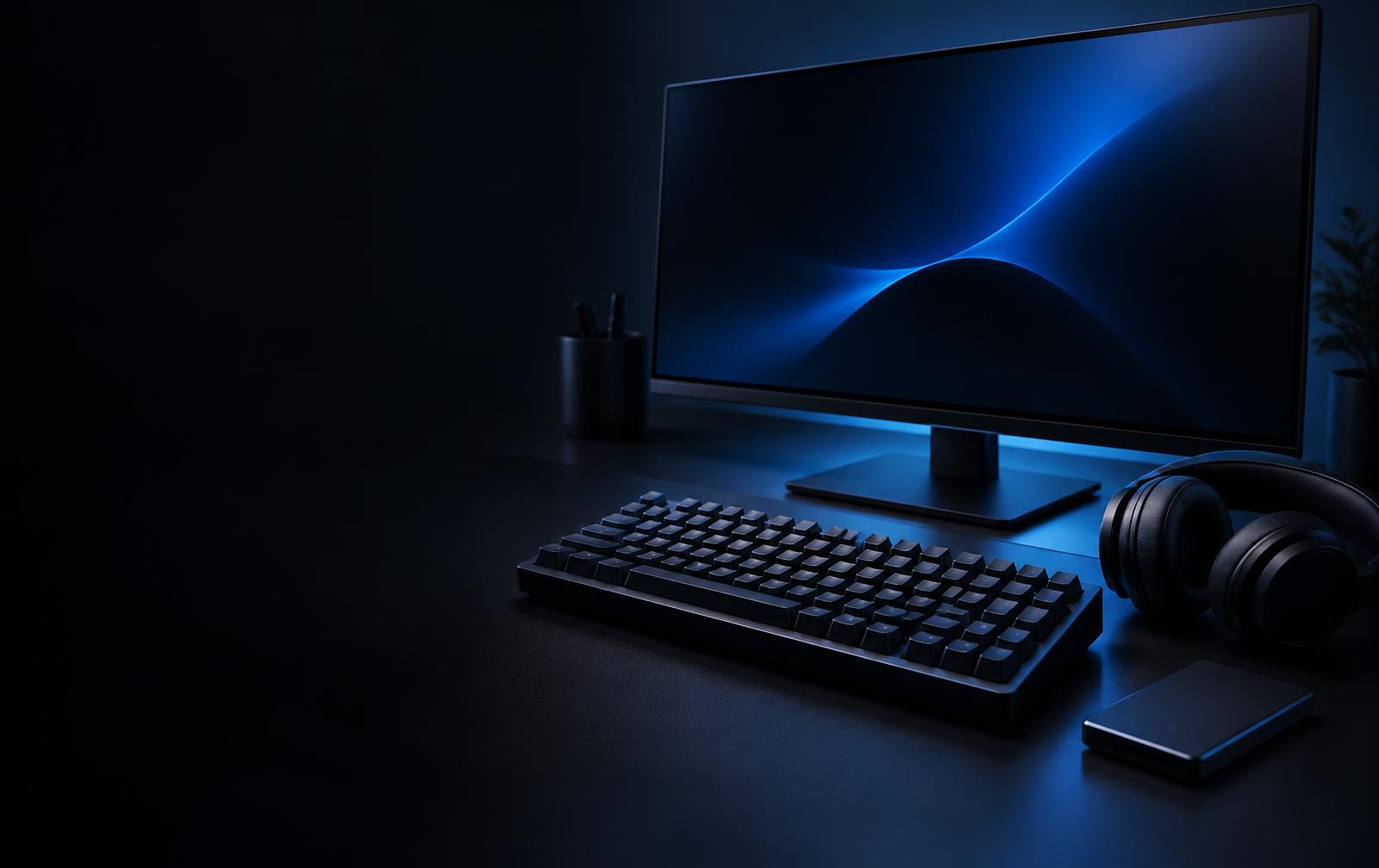 Keyboard, monitor, headphones and portable drive